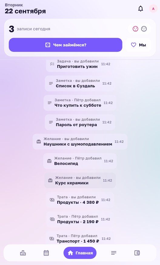 Главная приложения для двоих: строка дня и общая лента записей